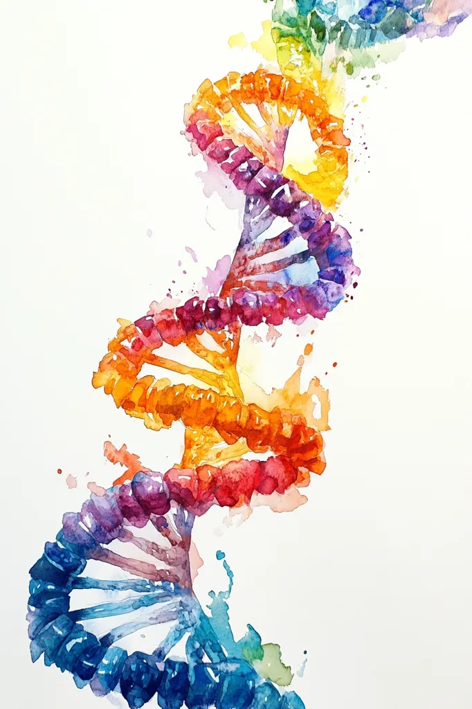 This watercolor painting depicts a vibrant, rainbow-colored DNA double helix. The colors transition smoothly from blues and purples at the bottom to oranges and yellows at the top, creating a visually striking effect.  The artistic style is loose and expressive, with visible watercolor washes and splatters adding texture and movement.  The white background enhances the vibrancy of the helix, emphasizing its graceful, spiraling form.  The image suggests themes of life, genetics, and scientific discovery.