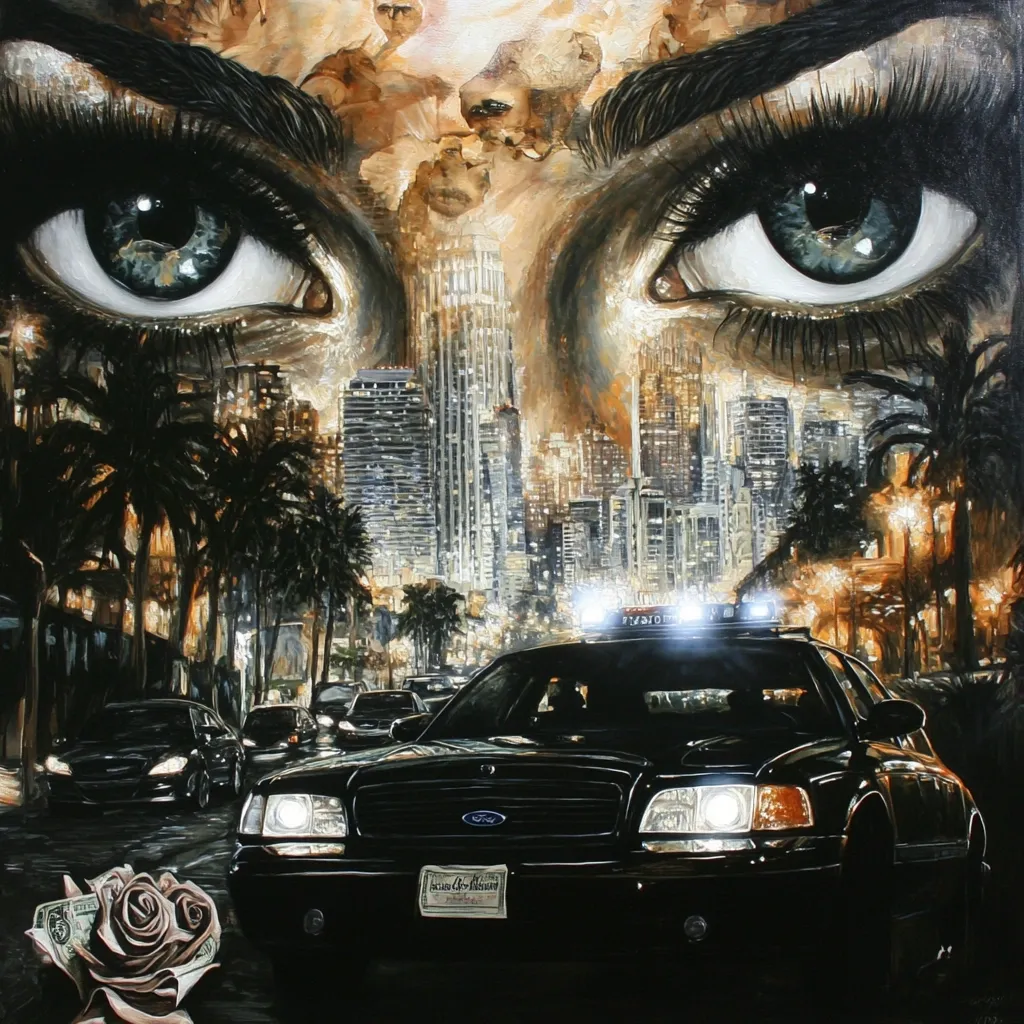 Here's a description of the image:

The painting is a dramatic cityscape dominated by a pair of large, expressive eyes that seem to encompass the entire scene.  The eyes, dark and intense, peer out from a shadowy face, creating a surreal and intriguing juxtaposition with the brightly lit Los Angeles streetscape below.  A black police cruiser sits prominently in the foreground, suggesting a narrative of law and order within the city’s vibrant, yet possibly dangerous, ambiance. Palm trees line the streets, and a single rose with cash rests near the car, hinting at a story of possible crime or intrigue. The overall style is richly textured and painterly, with a blend of realism and fantasy.