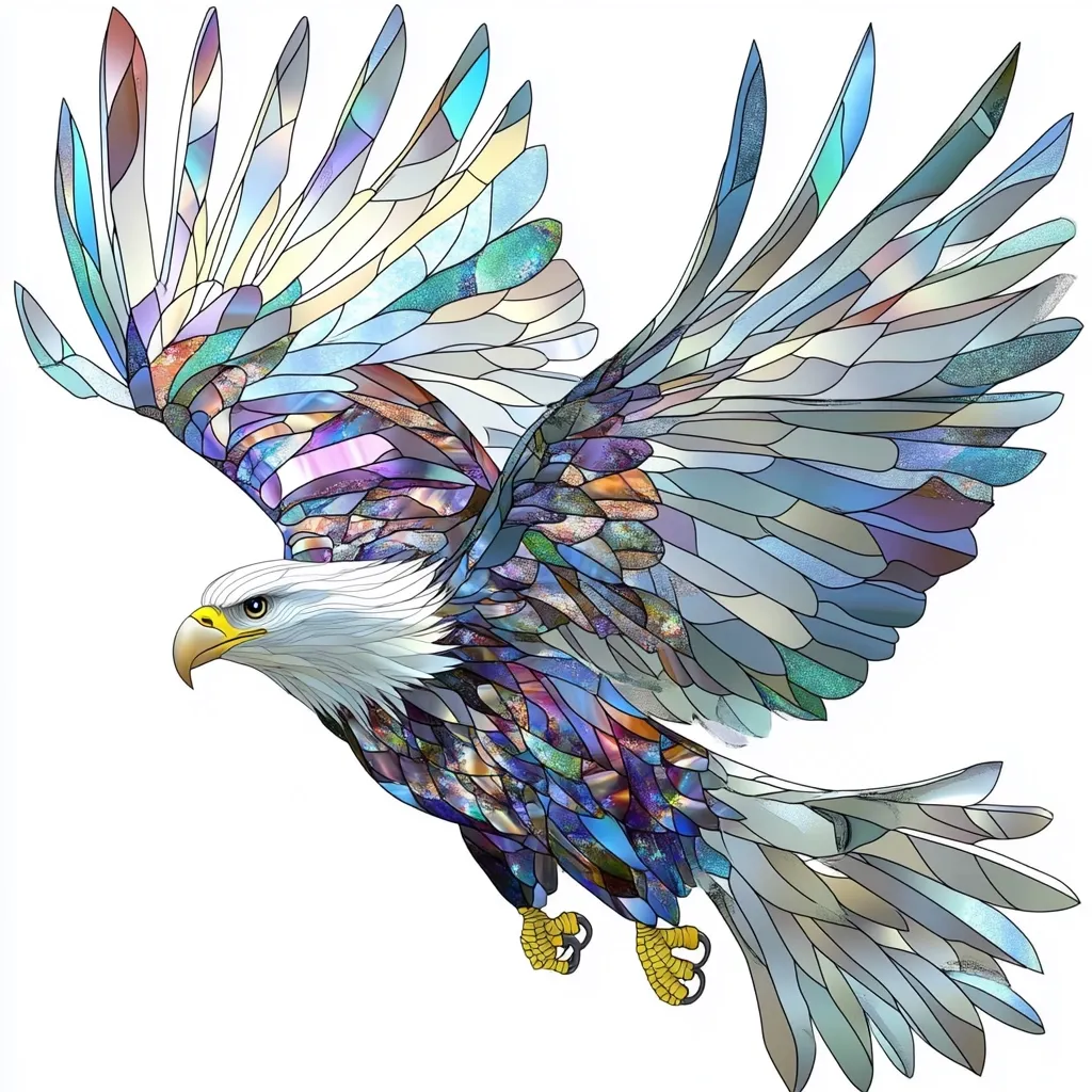 The image is a stylized illustration of a bald eagle in flight, rendered in a stained-glass style.  The eagle's plumage is depicted with a vibrant array of multicolored, fragmented shapes, creating a mosaic effect. Blues, purples, and muted greens dominate the wings, contrasting with the white head and chest.  The eagle's talons are visible, and its gaze is directed to the left.  The overall impression is one of power, grace, and artistic intricacy.