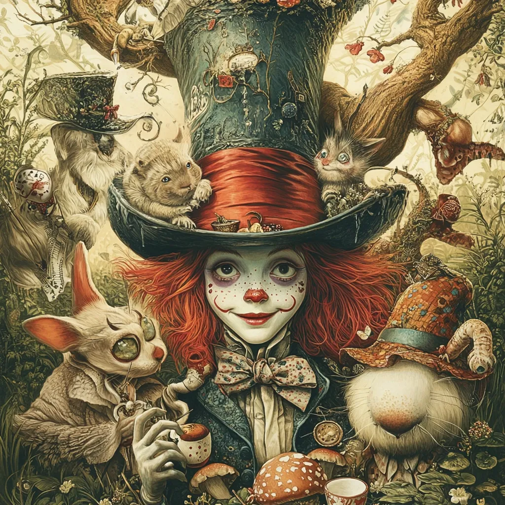 This whimsical artwork depicts the Mad Hatter from Alice in Wonderland, surrounded by fantastical creatures in a lush, enchanted forest.  The Hatter, with vibrant red hair and a large, ornate top hat adorned with various objects, holds a teacup.  Surrounding them are anthropomorphic animals, including a white rabbit-like creature, a squirrel, and a cat-like being, all richly detailed with a dark, almost gothic aesthetic.  The overall style is dark fantasy, with a focus on intricate textures and a slightly unsettling charm.