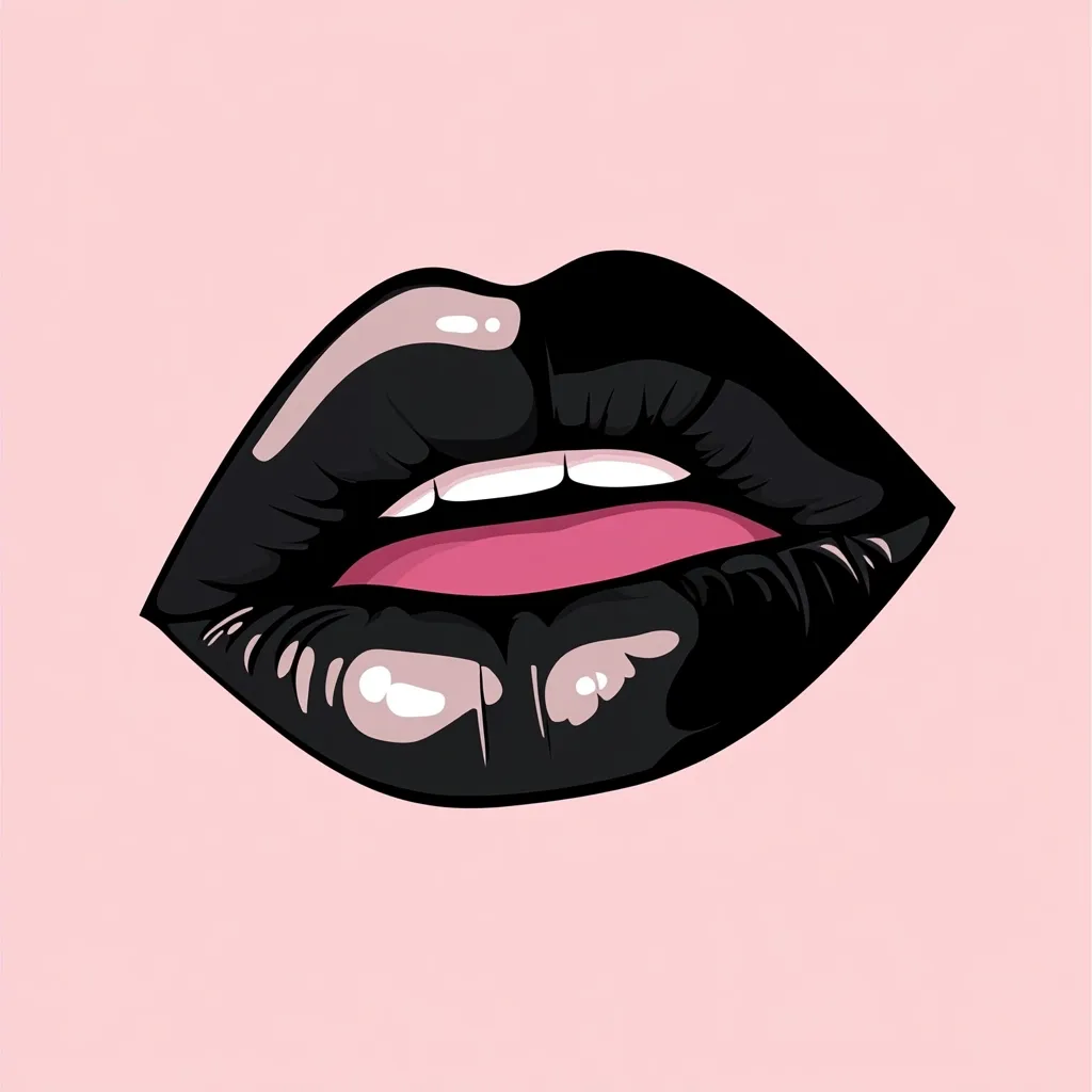 Here's a description of the image:

The image shows a close-up illustration of a pair of full lips wearing dark, glossy black lipstick.  The lipstick has a slightly wet, reflective quality, with hints of light reflecting off its surface.  A lighter pink inner lip is visible beneath the dark shade. The lips are depicted in a slightly parted position, revealing neat white teeth. The background is a solid, pale pink. The overall style is bold and graphic, reminiscent of pop art.