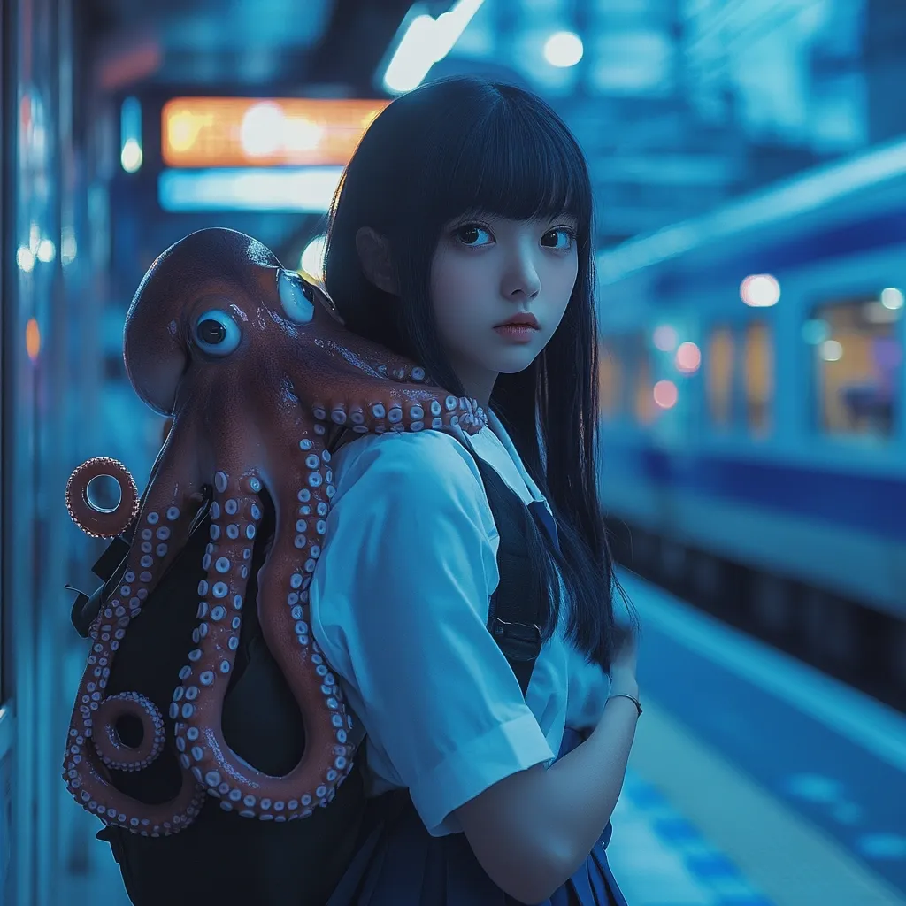 A young woman with long black hair stands on a train platform at night. She wears a school uniform and carries a unique backpack shaped like a large octopus.  The scene is bathed in cool, blue tones, creating a moody and slightly surreal atmosphere. The background is blurred, showing a train and city lights, emphasizing the girl as the focal point of the image. The contrast between the girl's demure appearance and the unusual octopus backpack adds intrigue.