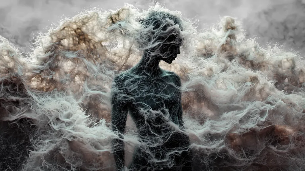 The image presents a stylized female figure seemingly enveloped in a swirling mass of cobwebs or ethereal fibers. The figure's form is dark and partially obscured, contrasted against the lighter, wispy texture surrounding it. The overall mood is surreal and somewhat melancholic, evoking a sense of mystery and entrapment.  The background is a hazy, muted grey, further emphasizing the figure's isolation within the web-like substance.  The composition is dramatic, with the figure positioned slightly off-center, creating a visually striking effect.