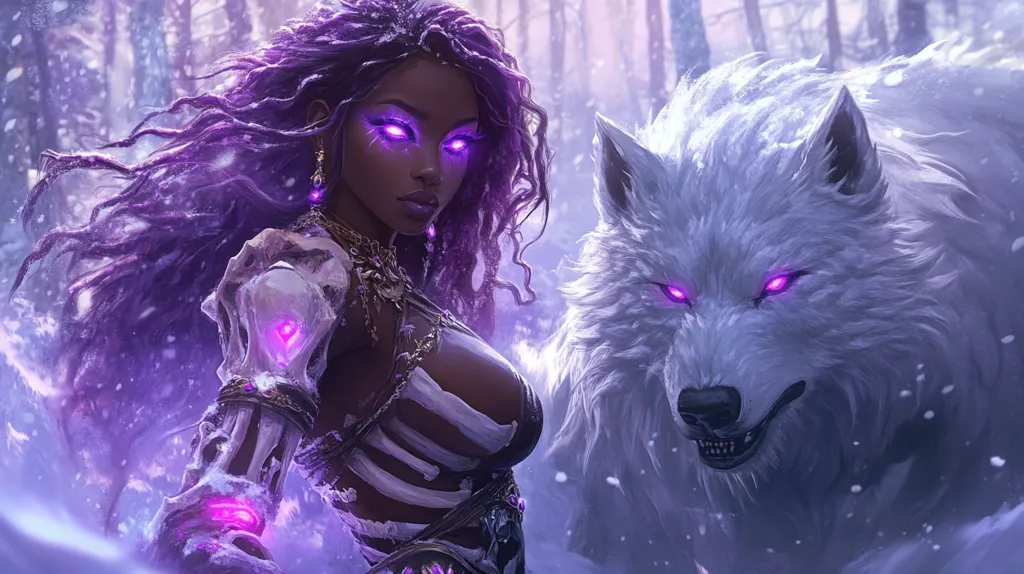 A fantasy illustration depicts a dark-skinned woman with vibrant purple hair and glowing purple eyes, standing beside a large white wolf with similarly glowing eyes.  Both figures appear powerful and magical, emanating a purplish aura. The woman wears intricately designed armor and jewelry. The setting is a snowy forest, with falling snow adding to the ethereal, mystical atmosphere.  The overall mood is one of strength, mystery, and winter magic.