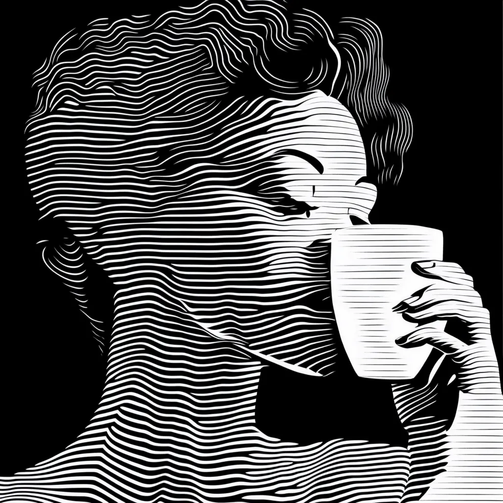 Here's a description of the image:

The image is a striking black and white illustration of a woman enjoying a cup of coffee or tea.  The artistic style employs a series of parallel, wavy lines to create a striking visual effect, giving the woman's face and body a textured, almost three-dimensional appearance.  The lines flow across her features, obscuring some details while emphasizing the curves of her neck and the shape of her hair.  The mug she holds is rendered in the same style, blending seamlessly with her form. The overall effect is elegant and evocative, hinting at a sense of calm and quiet contemplation.