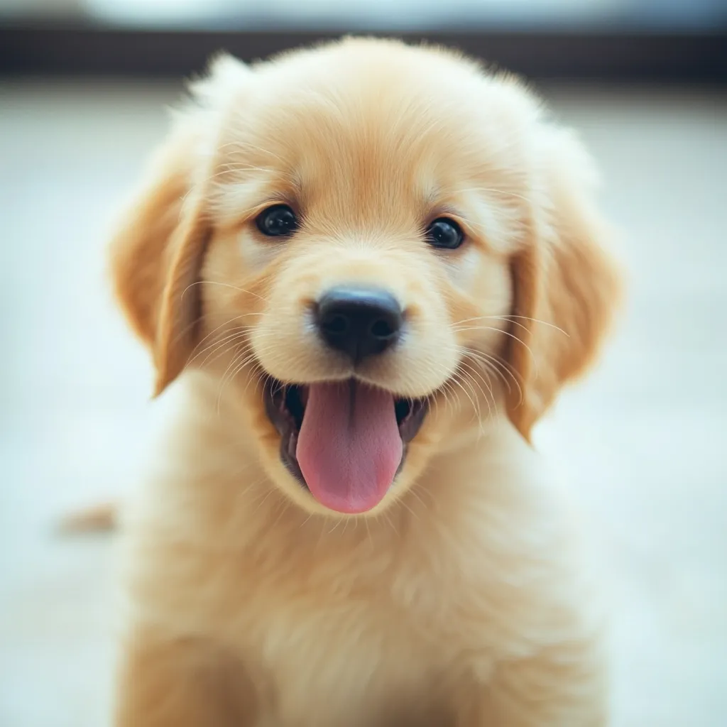 Here is a description of the image:

The photo shows an adorable Golden Retriever puppy.  Its fur is a light, creamy gold, and it's looking directly at the camera with big, dark eyes.  Its tongue is hanging out slightly, giving it a happy and playful expression. The puppy's face is the main focus, filling most of the frame. The background is softly blurred, drawing attention to the charming features of the young dog.  The overall mood of the image is one of warmth and cuteness.