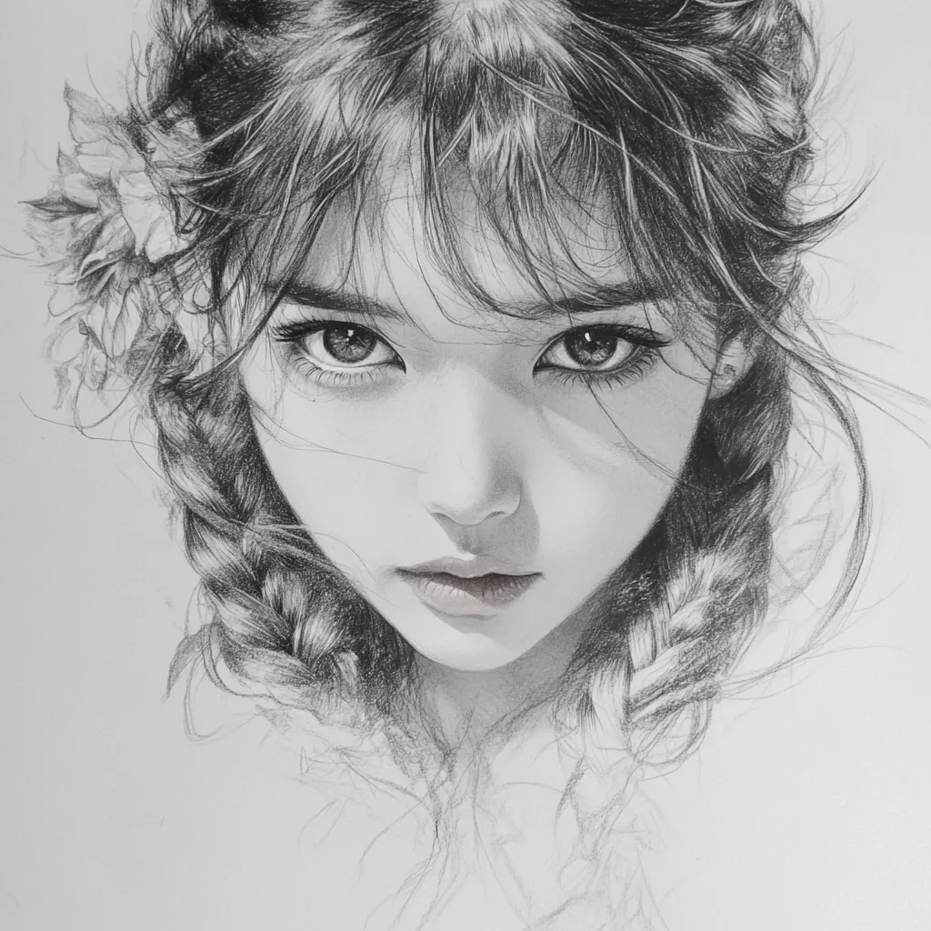 Here's a description of the image:

The image is a detailed black and white pencil sketch of a young woman's face.  Her hair is styled in loose braids with wispy strands framing her face.  A flower adorns the side of her head. Her expression is serious, almost pensive, with intense eyes that directly engage the viewer. The shading is masterful, creating depth and texture in her hair and skin, highlighting the subtle contours of her face.  The style is realistic, yet with a hint of ethereal quality.  The overall impression is one of beauty and quiet intensity.