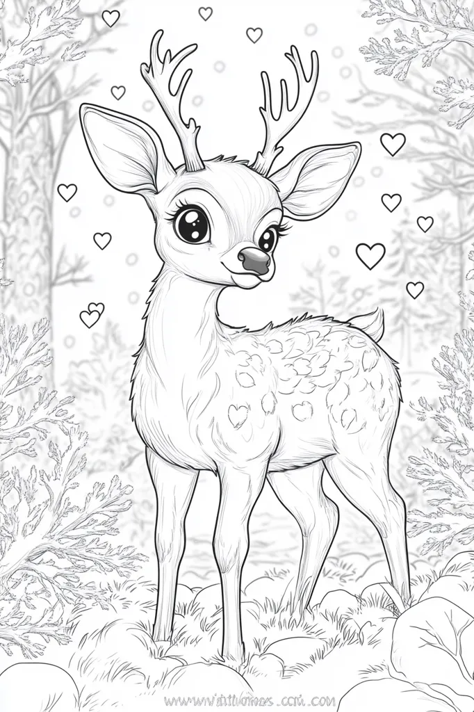 Here's a description of the image:

The image is a black and white line drawing of a young deer, stylized with large, expressive eyes and small, heart-shaped spots scattered across its body. It stands in a lightly sketched woodland scene, with delicate branches and grass suggesting a peaceful, wintry setting. Small hearts float around the deer, adding a whimsical and romantic feel. The style is reminiscent of children's book illustrations or coloring pages.  The deer's antlers are small and elegantly drawn. The overall impression is one of gentle charm and innocence.