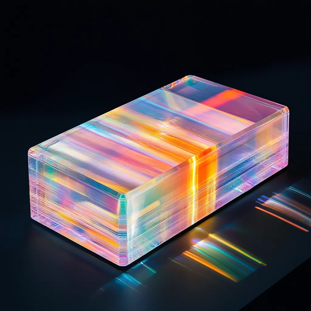 Here's a description of the image:

The image showcases a rectangular prism of translucent material, possibly resin or glass.  Its surface displays vibrant, iridescent streaks of color—orange, pink, teal, and purple—which appear layered and blend seamlessly. The internal structure is subtly visible, suggesting a layered or striated composition. The prism casts a colorful, diffraction-like reflection onto the dark, reflective surface beneath it, mirroring the internal colors and patterns. The overall effect is one of striking beauty and visual complexity.