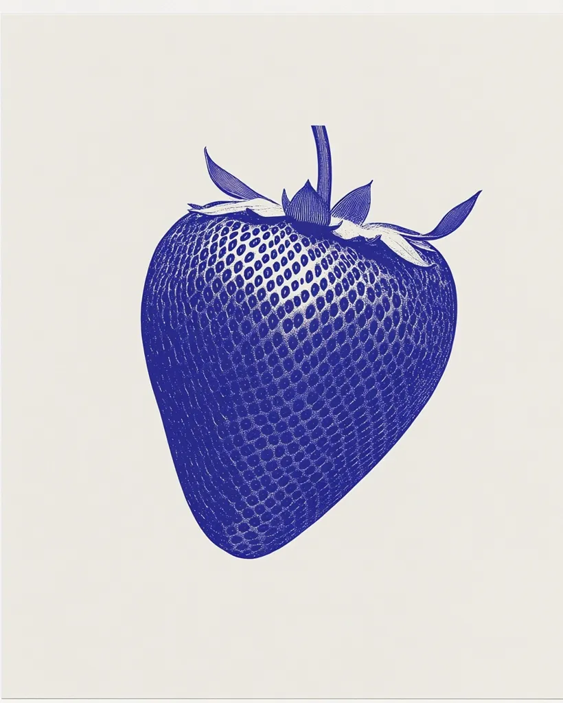Here's a description of the image:

The image is a stylized depiction of a single strawberry, rendered in a deep blue against an off-white background.  The strawberry is presented in a slightly angled view, showcasing its detailed texture, which is meticulously represented with tiny dots creating a stippled effect, mimicking the appearance of a strawberry's surface.  The leaves and stem are also included in the design, adding to the overall realism of this bold, graphic representation of the fruit. The style suggests a print or a digitally created artwork with a vintage feel.