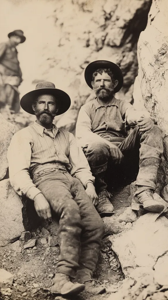 Here's a description of the image:

A black and white photo depicts two bearded men, dressed in work clothes and wearing hats, seated amidst rocky terrain.  They are positioned in the foreground, with a blurred figure of another man in the background. The men are casually dressed in long-sleeved shirts and sturdy pants, indicating a likely outdoor working environment. Their attire suggests a historical setting, potentially a mining camp or similar rugged locale.  The overall tone is somber and emphasizes the harshness of the surroundings.
