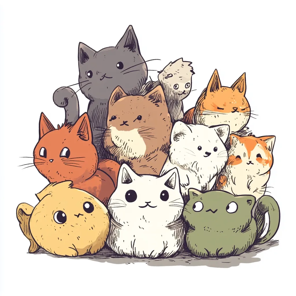 A charming illustration depicts a pile of adorable cartoon cats in various colors and poses.  The cats are drawn in a simplistic, yet expressive style, with large eyes and rounded bodies.  They vary in color from grey and orange to white and green, creating a visually appealing cluster.  The overall style is cute and whimsical, suitable for children's books or merchandise.