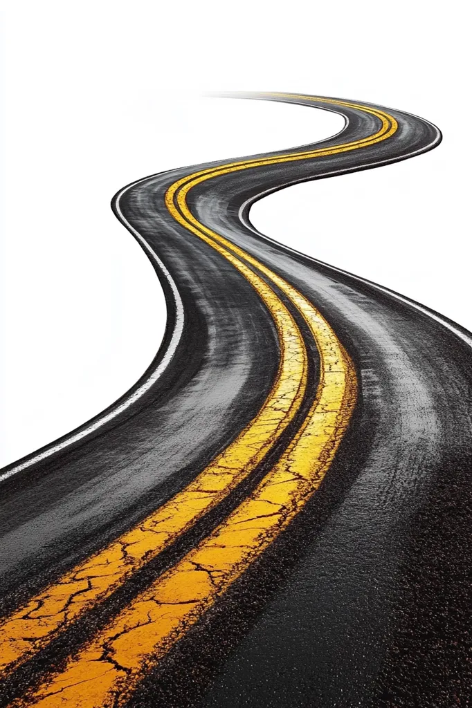 Here's a description of the image:

The image shows a winding asphalt road curving gently against a stark white background.  The road is dark gray, textured, and shows signs of wear.  Two faded yellow lines, cracked and worn, run down the center, suggesting age and considerable use.  The perspective is from a slightly elevated viewpoint, following the curve of the road as it disappears into the distance. The overall impression is one of a journey, perhaps suggesting the path ahead is uncertain yet inviting.