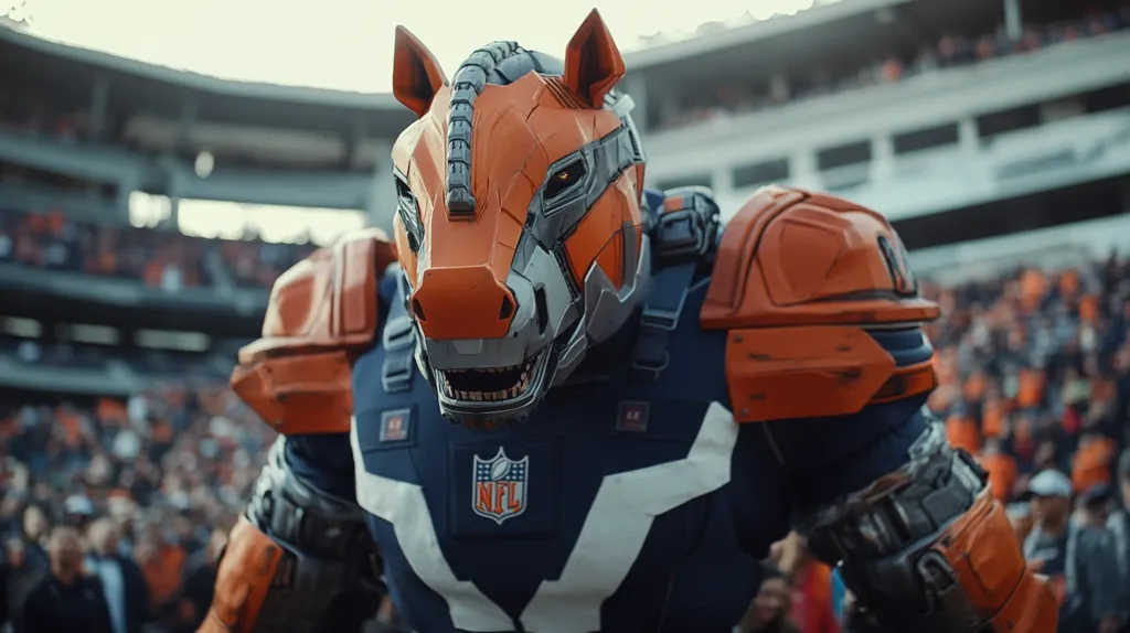Here's a description of the image:

Close-up view of a futuristic, robotic mascot, designed as a horse, at what appears to be an NFL football game. The mascot is predominantly orange and navy blue, with a highly detailed, mechanized horse head. Its armor-like suit is bulky and shows signs of wear, suggesting action or interaction. The NFL logo is prominently displayed on its chest. The background is blurred but shows a large stadium filled with spectators, indicative of a sporting event. The overall impression is one of a powerful, technologically advanced mascot in a lively atmosphere.