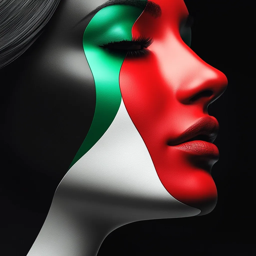 The image showcases a close-up profile of a woman's face, artistically painted with the colors of the United Arab Emirates flag.  Black, green, white, and red stripes flow across her skin, creating a striking visual representation of national pride or identity. The model's eyes are closed, and her expression is serene. The dark background emphasizes the vibrant colors of the face paint, creating a dramatic and sophisticated effect.