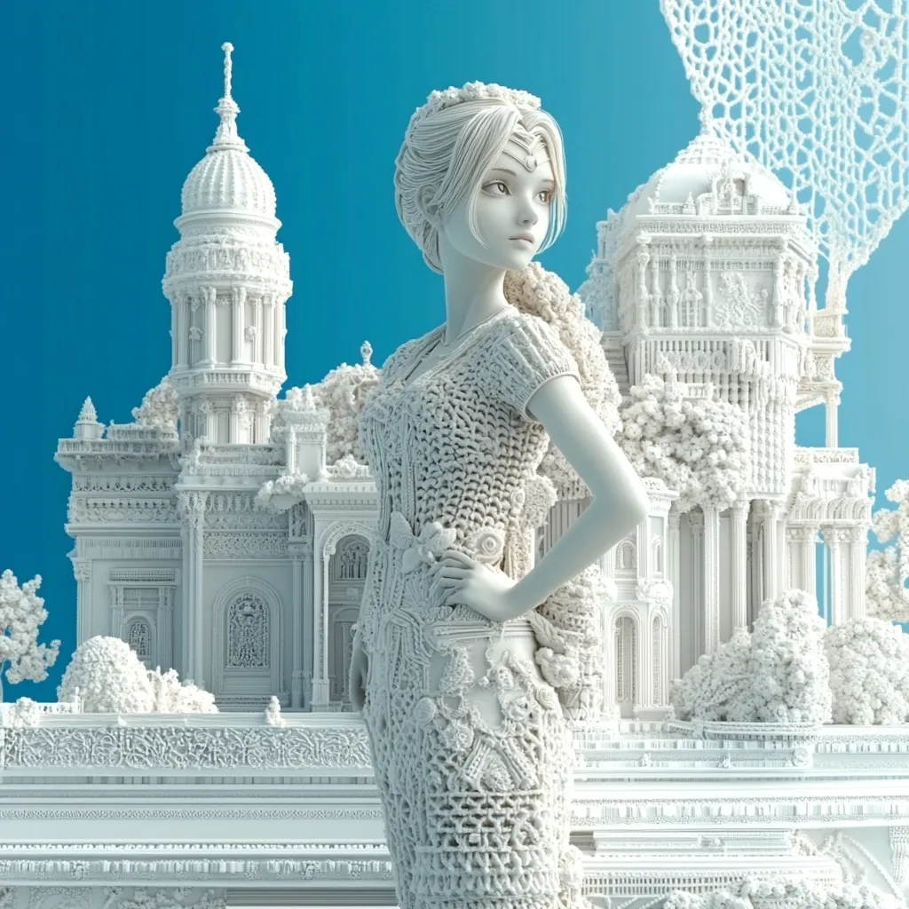A digitally rendered image showcases a delicately crafted, white, crocheted dress on a stylized female figure.  The figure, with anime-like features and a crown, stands before an intricately detailed, white architectural landscape. The background is a vibrant teal. The scene combines elements of fashion, architecture, and fantasy, creating a surreal and elegant aesthetic. The texture of the crocheted dress and the architectural details are highly realistic.