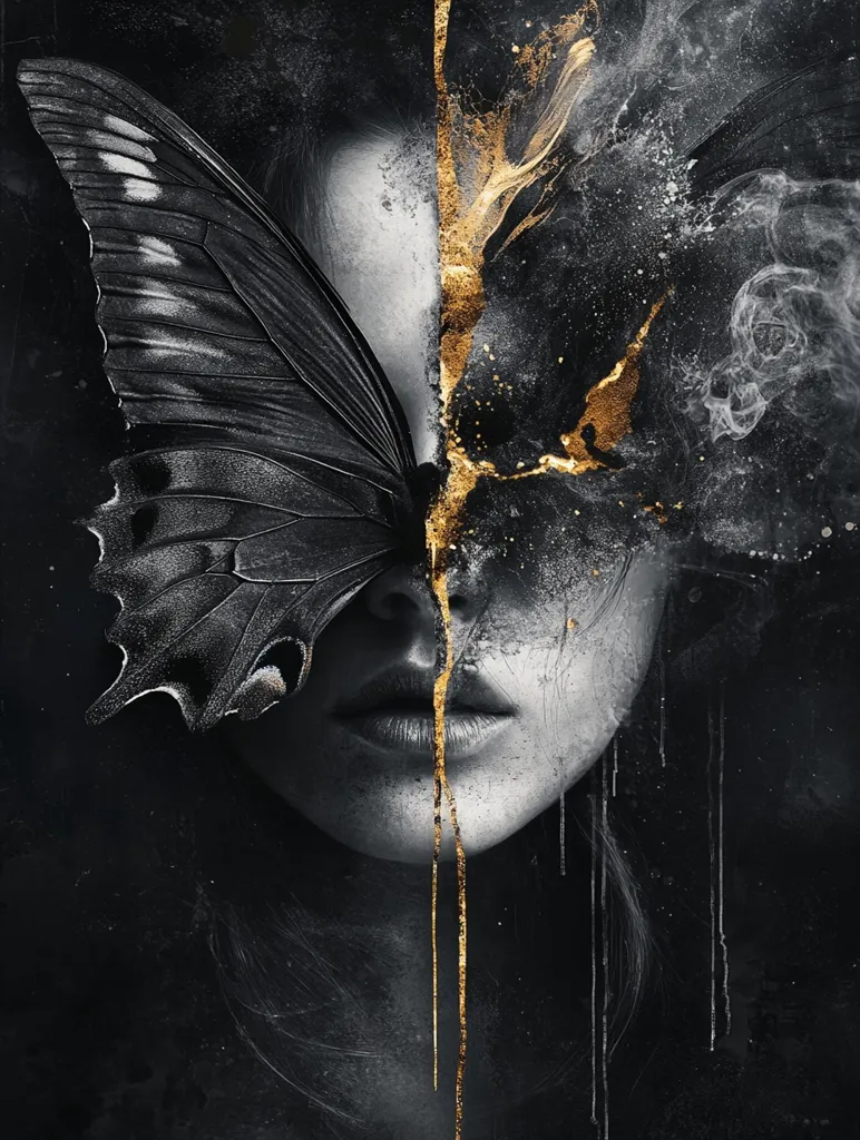 Here's a description of the image:

The artwork is a striking monochrome portrait, predominantly in shades of black and grey, accented with gold.  A large, dark butterfly wing partially obscures the face of a woman, its delicate veins contrasting sharply with the textured, almost grunge-like background.  A vertical streak of gold paint flows down the center, dividing the face and seemingly merging with the ethereal smoke or dust surrounding the figure. The overall effect is one of mystery and ethereal beauty, blending realism with abstract elements. The woman's expression is serene yet enigmatic.