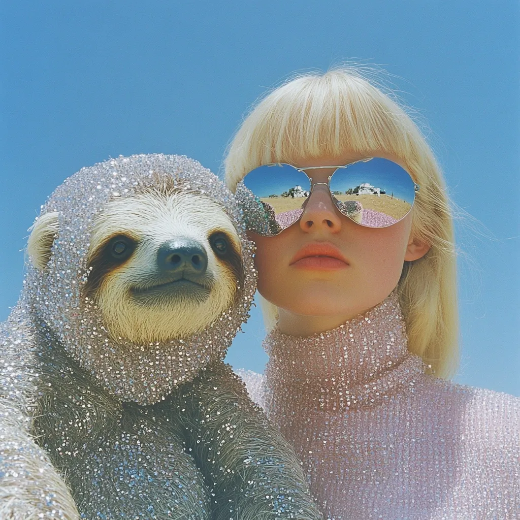 Here's a description of the image:

Close-up view of a young woman with blonde, blunt-cut bangs wearing mirrored aviator sunglasses.  She's posing with a sloth, both covered in iridescent glitter. The woman is wearing a sparkly, light pink turtleneck sweater. The background is a clear, bright blue sky. The overall aesthetic is vibrant, whimsical, and slightly surreal. The mirrored sunglasses reflect a landscape, adding another layer of visual interest.