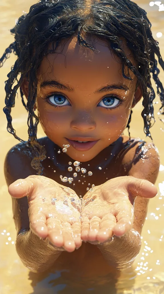 A digital painting or rendering depicts a young Black girl with dark, curly hair, partially submerged in water.  Her large, expressive blue eyes and warm brown skin are strikingly beautiful.  She holds her hands cupped together, catching water droplets that stream down from her hair and face.  The overall image conveys a sense of innocence and joy, highlighted by the soft lighting and focus on the girl's gentle expression. The water adds a serene and refreshing atmosphere to the scene.