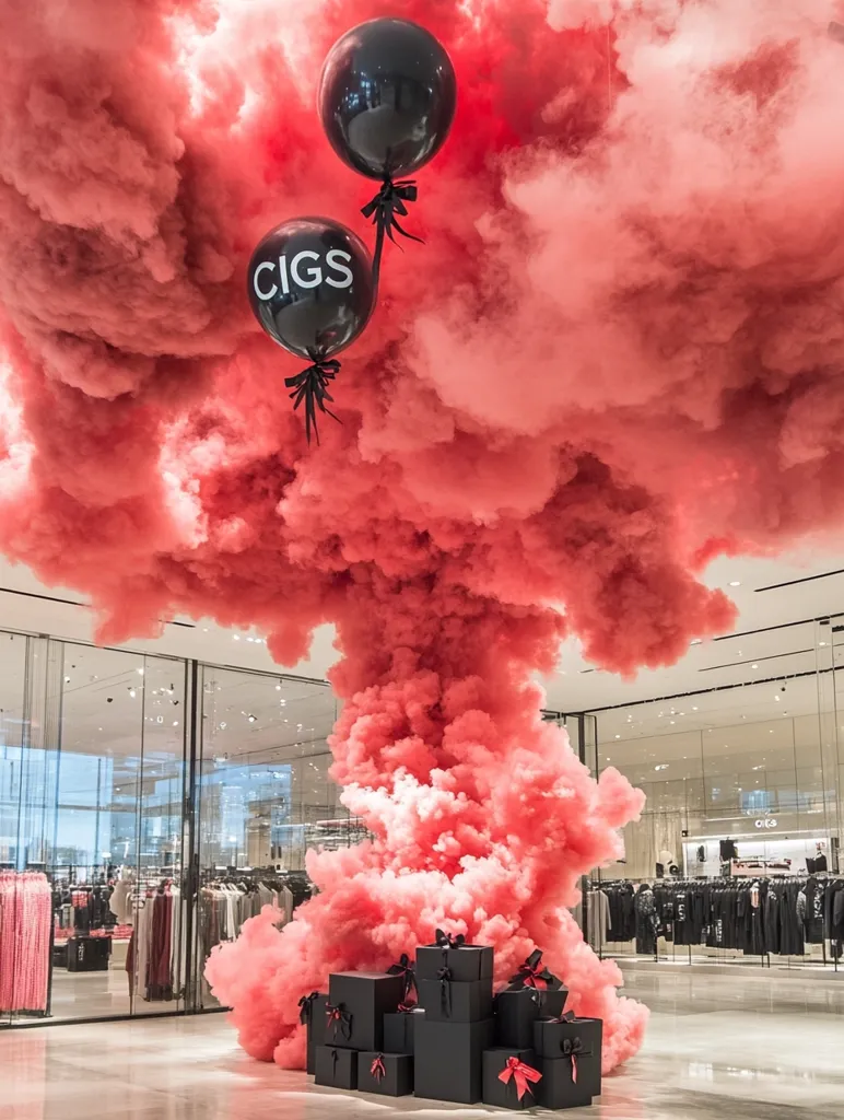 Here's a description of the image:

A large, vibrant pink smoke cloud fills the center of a modern, high-end retail space. Two black balloons, one with "CIGS" printed on it, float within the cloud.  The smoke billows dramatically from the floor to near the ceiling, creating a visually arresting display.  Below the smoke, a collection of black gift boxes with red ribbons are artfully arranged. The background reveals a sleek, glass-fronted store with neatly displayed clothing. The overall aesthetic is both dramatic and luxurious, suggesting a promotional or artistic installation within a shopping mall.