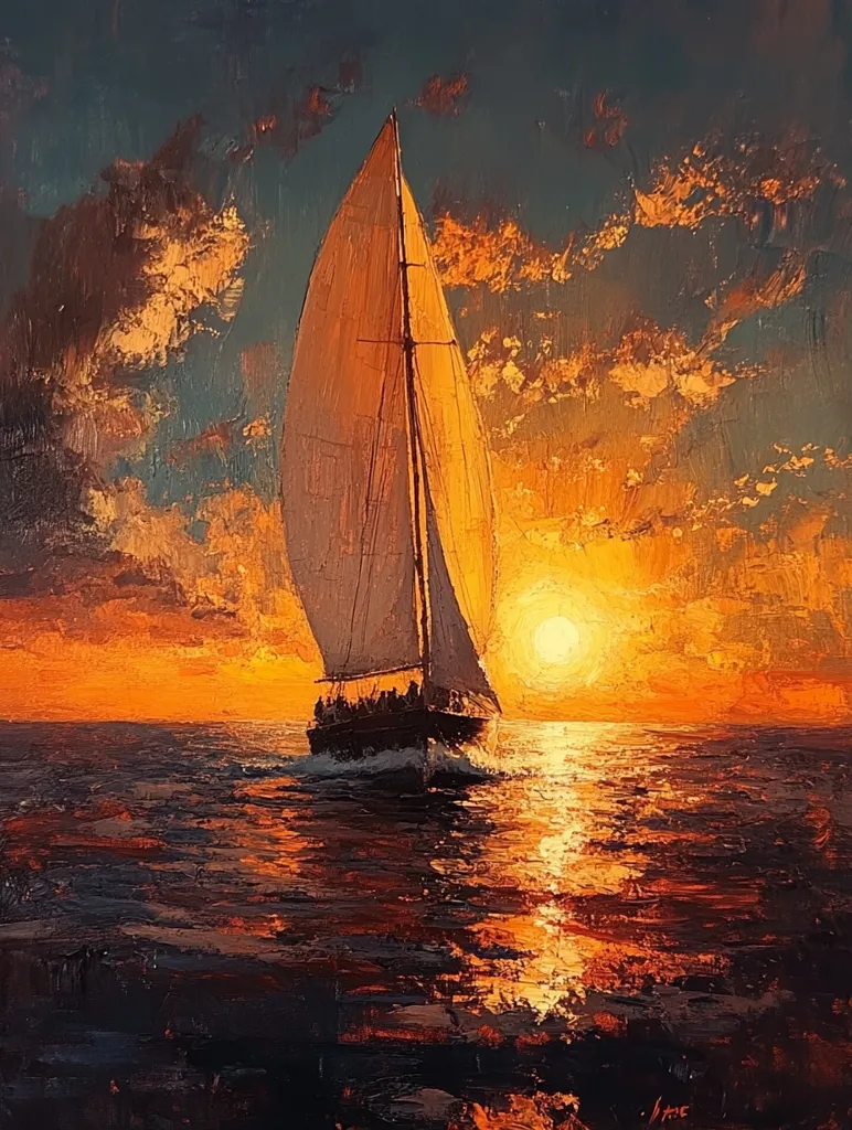 Here's a description of the image:

The painting depicts a sailboat gracefully navigating a sea at sunset.  The sky is ablaze with vibrant oranges and fiery reds, the sun a luminous orb near the horizon. Thick, impasto brushstrokes create a textured, almost three-dimensional effect, emphasizing the drama of the light.  The sailboat, silhouetted against the sunset, appears to carry passengers, adding a sense of journey and adventure. The reflection of the sunset on the water mirrors the sky's fiery hues, completing the breathtaking scene. The overall mood is one of serene beauty and powerful natural energy.