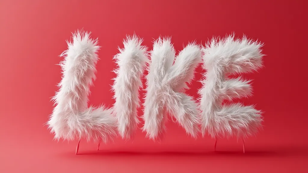 Here's a description of the image:

The word "LIKE" is depicted in three-dimensional, fluffy, white letters against a solid coral-red background.  The letters are rendered to appear as if made of long, soft fur or feathers, giving them a plush and textured appearance.  Each letter stands on thin, unseen supports, slightly elevated above the background. The overall style is modern, minimalist, and playful. The image has a clean, well-lit aesthetic.