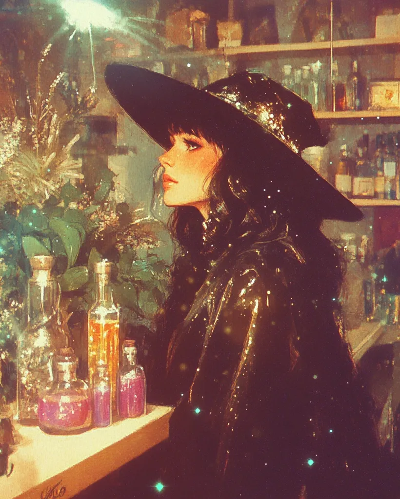 A young woman, adorned in a wide-brimmed, glittering black hat and a shimmering dark cloak, stands before a counter laden with various bottles and vials.  The setting appears to be an apothecary or magical shop, shelves lined with bottles and jars visible in the background.  A faint, ethereal light, possibly magic, emanates from above, adding to the mystical atmosphere. The overall style is painterly and evokes a sense of fantasy and enchantment.