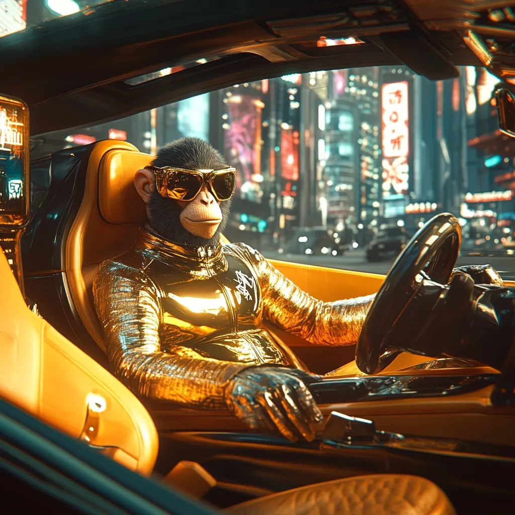 A chimpanzee, clad in a gold jumpsuit and aviator sunglasses, sits behind the wheel of a sleek, yellow sports car.  The car's interior is luxurious, matching the chimp's attire. The backdrop is a vibrant, neon-lit cityscape at night, suggesting a futuristic or fantastical setting. The image is rendered in a hyperrealistic style, with a focus on detail and texture.  The overall impression is one of opulence and stylish surrealism.