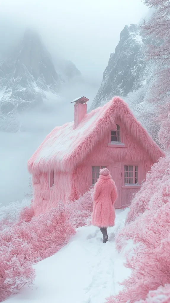 A whimsical pink cottage, covered in fluffy, snow-dusted fur, sits nestled in a snowy mountain landscape.  The cottage features small windows and a chimney. A person in a matching pink fur coat walks away from the house along a snow-covered path lined with pink bushes, creating a surreal, dreamlike scene.  The misty mountains form a serene backdrop to this fantastical dwelling.
