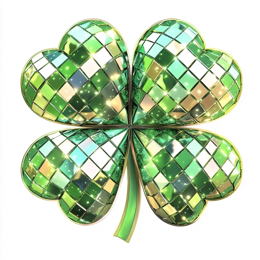 Here's a description of the image:

A glittering, four-leaf clover is depicted, rendered in a style reminiscent of a disco ball.  Each leaf is composed of numerous small, green and gold mirrored squares, creating a sparkling effect.  The clover is outlined in a thin gold border.  A light green stem extends from the center, completing the design.  The overall impression is one of festive, celebratory decoration, likely associated with St. Patrick's Day.  The background is pure white, emphasizing the clover's vibrancy.