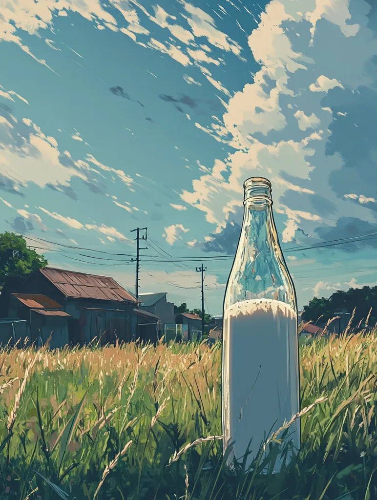 A glass bottle filled with milk stands in a tall grass field under a vibrant sky.  The sky is a beautiful blend of blue and fluffy white clouds, streaked with wisps of movement.  In the background, simple rural buildings are visible, suggesting a peaceful, idyllic setting. The overall style is painterly and evokes a sense of calm and serenity. The contrast between the man-made bottle and the natural landscape is striking.