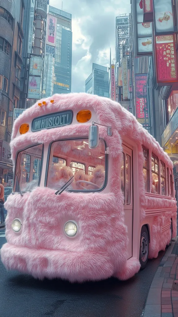 A pink fluffy bus, completely covered in long, light pink fur, drives down a city street.  The bus, labeled "WHOSCOLTI," is surrounded by tall buildings with vibrant signage, characteristic of a busy Asian city.  The contrast between the fluffy bus and the urban background creates a whimsical and surreal scene.  Inside, partially visible through the windows, are what appear to be plush toys or similar soft items.  The overall image is bright and saturated, with a slightly dreamy quality.