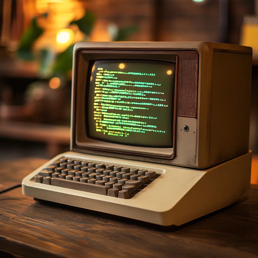 A vintage beige desktop computer sits on a dark wooden surface.  The monitor displays lines of green computer code. The keyboard is attached and features a classic design. The computer shows signs of age and wear, contributing to a retro aesthetic.  The background is blurred, suggesting a dimly lit interior with warm lighting. The overall image evokes a nostalgic feeling of early computing.
