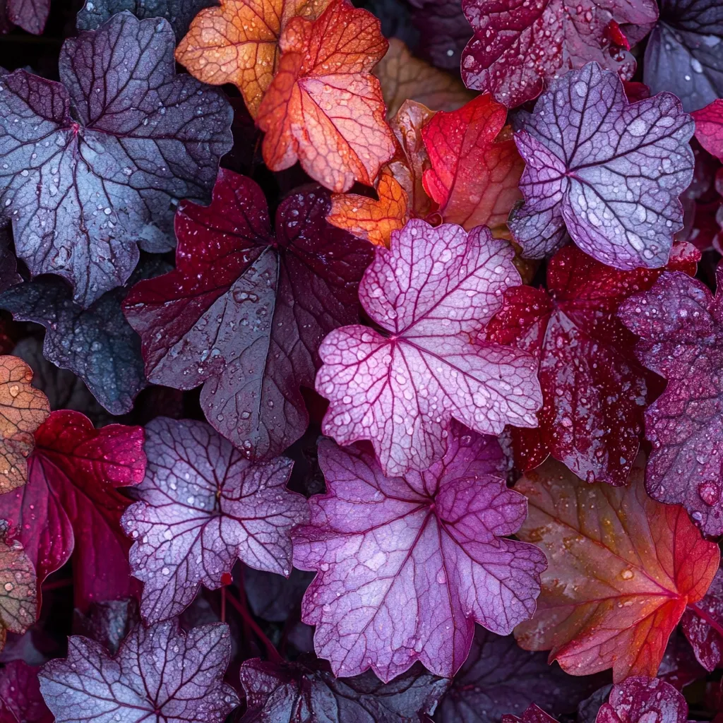 Here's a description of the image:

A close-up shot reveals a dense collection of Heuchera leaves, exhibiting a vibrant spectrum of autumnal colors.  The leaves, covered in glistening droplets of water, showcase a range of hues from deep purples and burgundy to oranges and reds.  The intricate veining of each leaf is clearly visible, adding to their textural appeal. The overall composition is a rich tapestry of color and texture, suggesting a lush garden setting after a recent rain.