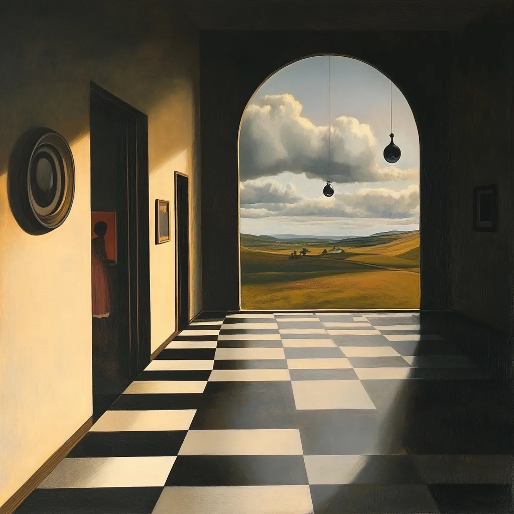 The painting depicts a long hallway with a checkerboard floor leading to an arched doorway.  Beyond the doorway, a sun-drenched landscape of rolling hills stretches to the horizon under a partly cloudy sky. Three dark, teardrop-shaped objects hang suspended from the archway.  A woman, partially obscured in shadow, stands near a doorway on the left, adding to the mysterious and somewhat surreal atmosphere of the scene. The overall style suggests a blend of realism and surrealism, emphasizing perspective and light.
