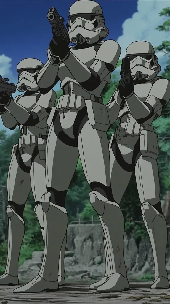 Three stormtroopers, depicted in an anime style, stand in formation against a backdrop of lush greenery and a partly cloudy sky.  Their armor is a desaturated grey, showing signs of wear.  Each trooper holds a blaster rifle, aimed forward, suggesting a state of readiness or patrol.  The scene is peaceful yet subtly conveys a sense of military preparedness.  The animation style emphasizes clean lines and a muted color palette.
