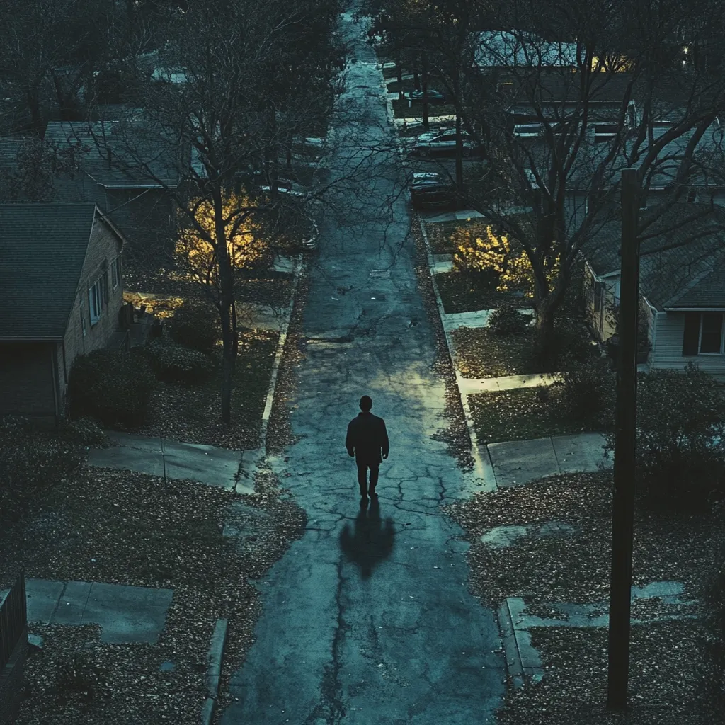 Here's a description of the image:

The image is a high-angle, long shot of a lone figure walking down a residential street at night.  The street is dimly lit, with scattered leaves on the pavement. Houses line both sides of the street, their windows glowing with warm interior light, contrasting with the cool tones of the night. The central figure is silhouetted against the streetlight, their features indistinct. The overall mood is melancholic and atmospheric, suggesting a sense of isolation and quiet contemplation. The scene is dark and slightly mysterious.