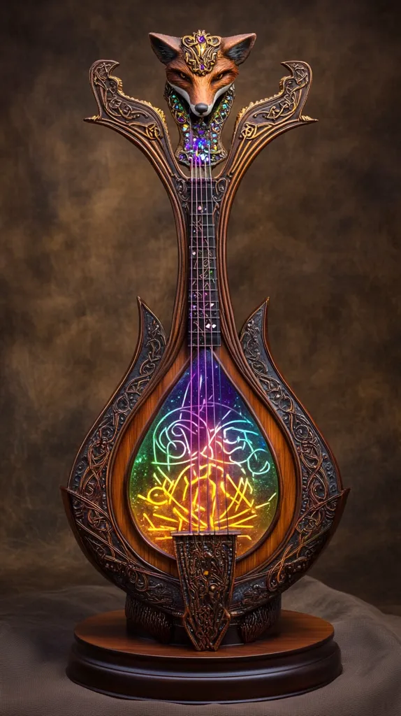 This image shows a meticulously crafted musical instrument, possibly a type of lute or harp.  Its design is fantastical, featuring a fox's head at the top, intricately carved wooden details in Celtic-inspired patterns, and a vibrant, rainbow-hued light emanating from within the body. The instrument rests on a dark wooden base, enhancing its mystical and artistic qualities. The overall aesthetic is one of fantasy and craftsmanship.