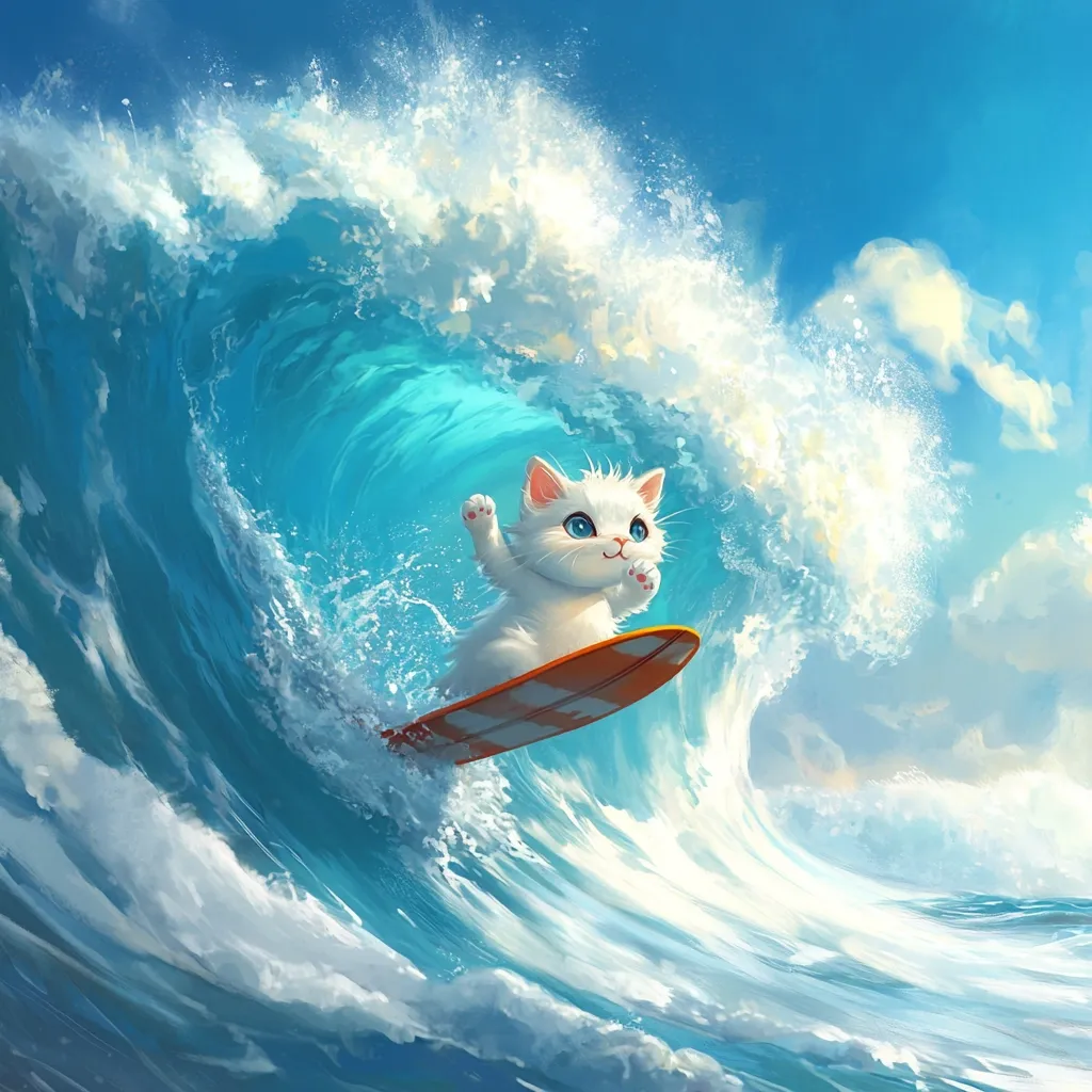 Here's a description of the image:

The illustration depicts an adorable white kitten surfing a large, curling ocean wave.  The kitten, with bright blue eyes, sits confidently on an orange surfboard, its paws slightly raised. The wave is a vibrant turquoise, crested with white foam, suggesting a dynamic and powerful ocean. The sky above is a clear, bright blue, dotted with wispy clouds. The overall style is whimsical and cartoonish, with a focus on bright colors and a cute, anthropomorphic depiction of the kitten. The scene evokes a feeling of fun, adventure, and summer.