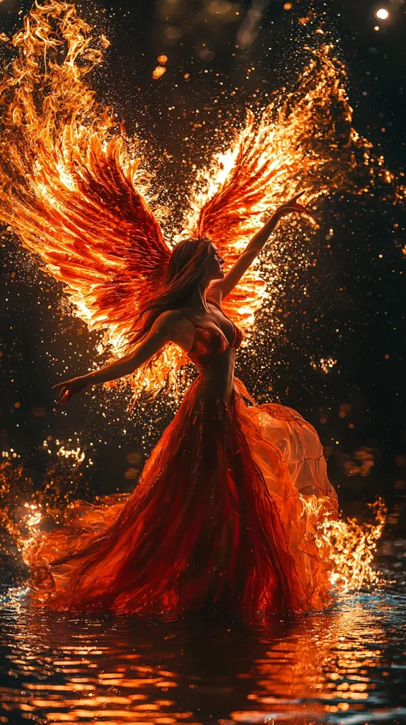 Here's a description of the image:

The image is a striking digital artwork depicting a woman with fiery wings and a flowing orange gown.  She appears to be emerging from or walking across water, her pose graceful and powerful. The flames that form her wings and trail from her dress are intensely bright and detailed, contrasting with the dark background speckled with sparks. The overall effect is dramatic and ethereal, suggesting a mythological or fantasy figure, possibly a phoenix or fire goddess. The water reflects the fiery glow, adding to the image's captivating intensity.
