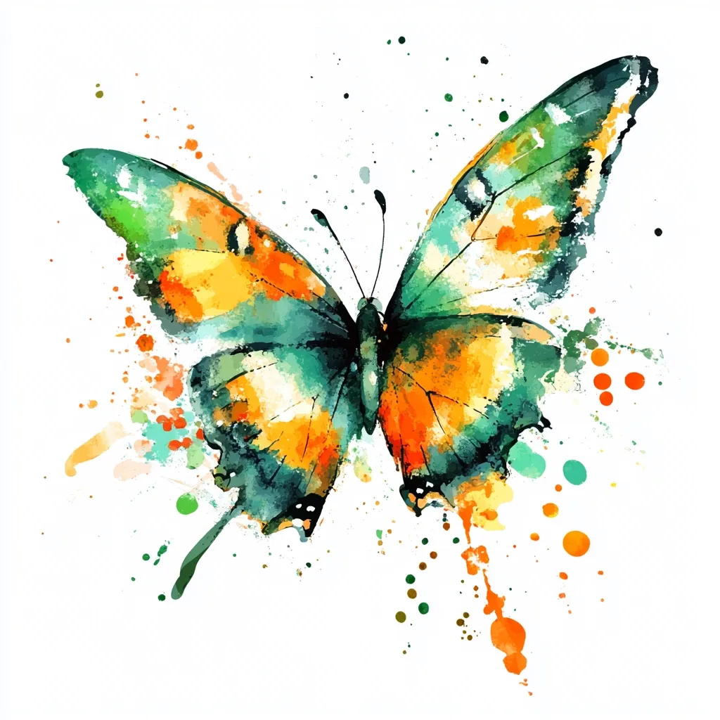 Here is a description of the image:

The image is a watercolor painting of a butterfly. The butterfly's wings are a blend of teal, green, and orange, with the colors appearing somewhat translucent and blended together.  The body of the butterfly is dark, contrasting with the bright wings. The background is predominantly white, speckled with splashes of color that mirror the butterfly's hues—teal, green, orange, and yellow—creating a vibrant, energetic effect. The style is loose and painterly, characteristic of watercolor techniques, with visible brushstrokes and color variations. The overall impression is one of beauty and freedom.