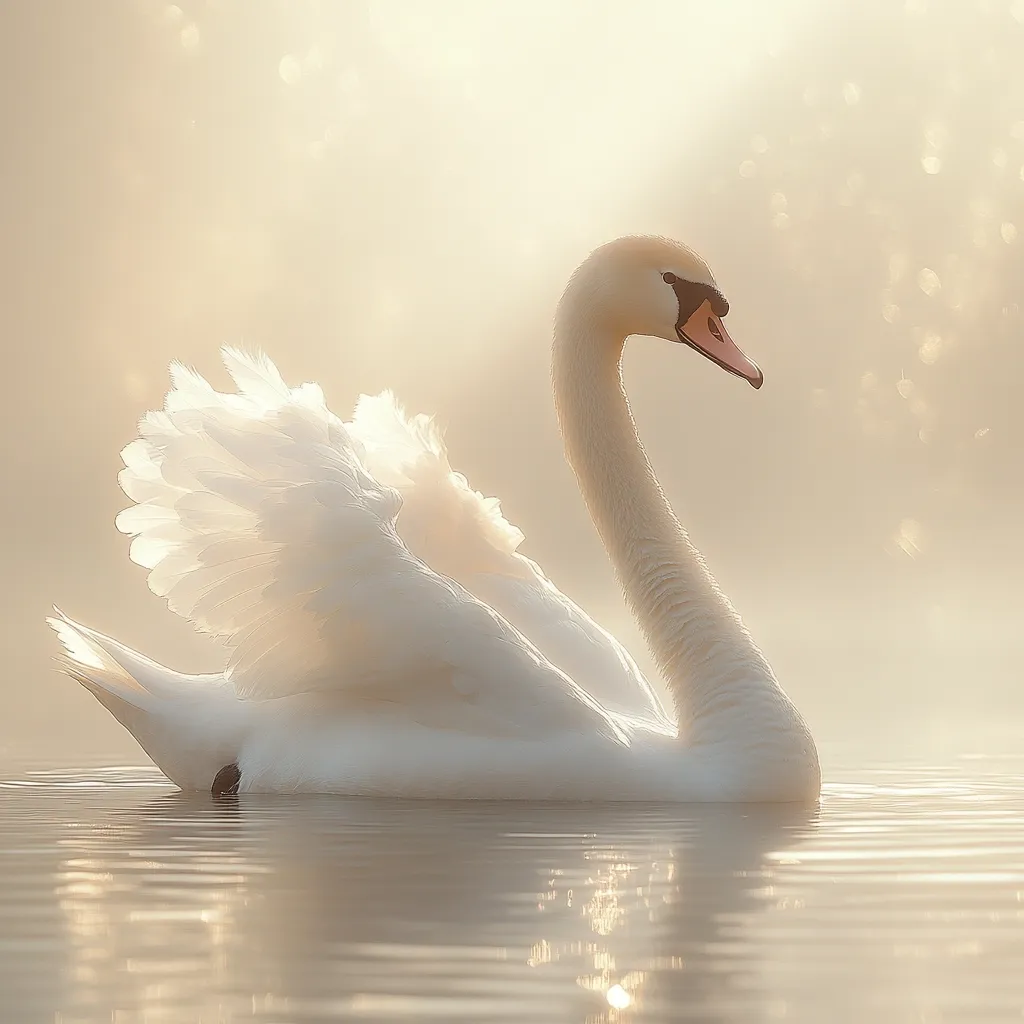 A majestic white swan gracefully glides across a calm, sunlit body of water.  Its wings are partially spread, showcasing the delicate texture of its feathers.  The soft, golden light creates a hazy, ethereal atmosphere, enhancing the swan's serene beauty and reflecting on the tranquil water's surface. The scene evokes a sense of peace and tranquility.