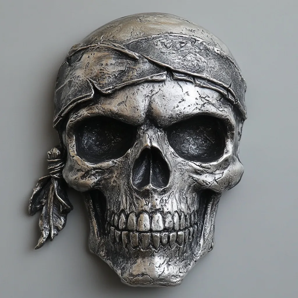 Here's a description of the image:

Close-up view of a silver-toned skull sculpture, seemingly cast in resin or a similar material. The skull is detailed, showing individual teeth and textured bone structure.  A tattered, metallic silver bandana is tied around its head, with a small, leaf-like detail hanging down from one side. The overall effect is a blend of realism and stylized artistry, suggestive of a pirate or memento mori. The background is a plain, light grey.