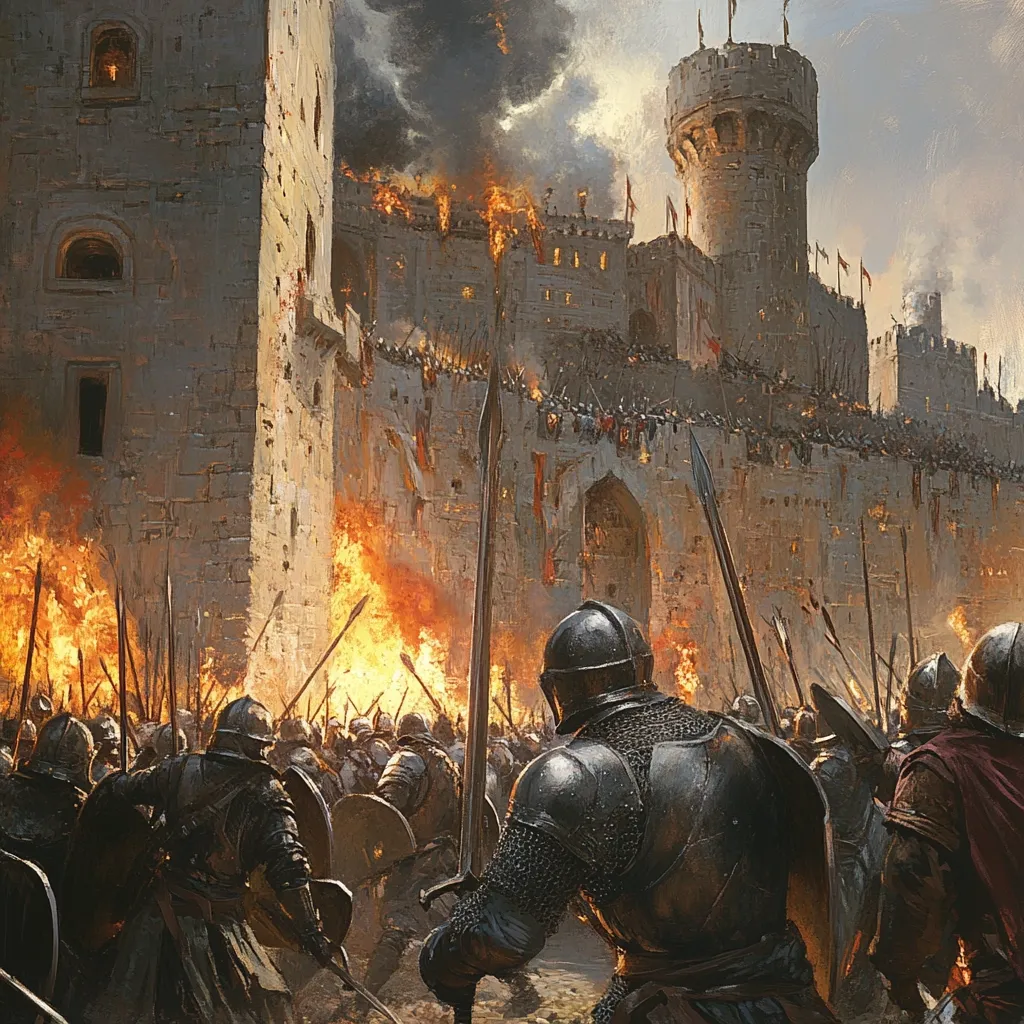 A medieval castle is under siege.  Flames engulf sections of the stone walls, as a massive army assaults the fortress.  Soldiers, clad in chainmail and wielding swords and spears, surge forward, their ranks dense and determined.  A central knight, his back to the viewer, stands amidst the chaos, a testament to the brutal intensity of the battle.  The scene is a powerful depiction of medieval warfare, with a focus on the scale and ferocity of the attack.