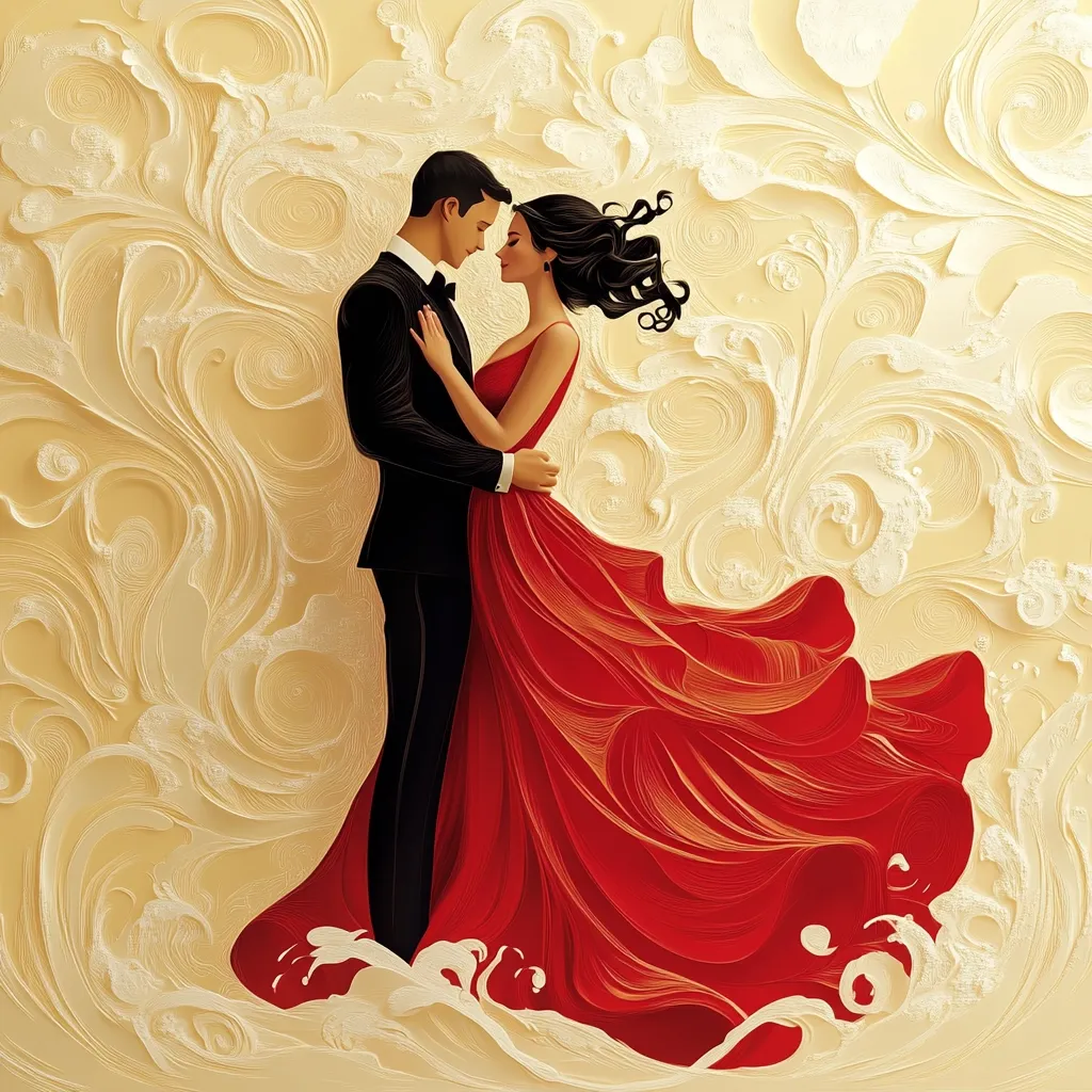 An illustration depicts a romantically embraced couple against an ornate, swirling background.  The woman wears a flowing crimson gown, its fabric rendered with intricate detail suggesting a paper-like texture.  Her male partner is in a classic black tuxedo. Their loving gaze and pose evoke a sense of elegance and timeless romance.  The background’s textured, cream-colored swirls add depth and visual interest, complementing the couple's vibrant attire. The overall style is sophisticated and suggestive of a celebratory occasion.