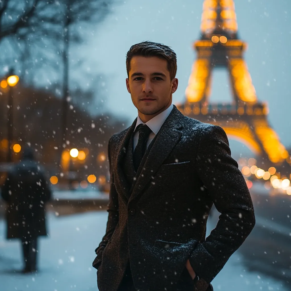 A well-dressed man in a dark suit stands in a snowy Parisian street, the Eiffel Tower shimmering in the background.  Snowflakes gently fall around him as he poses with his hands in his pockets.  The scene is softly lit by streetlights, creating a romantic and sophisticated atmosphere. The man's attire is sharp and elegant, contrasting with the winter setting.  The overall impression is one of quiet confidence and timeless style.