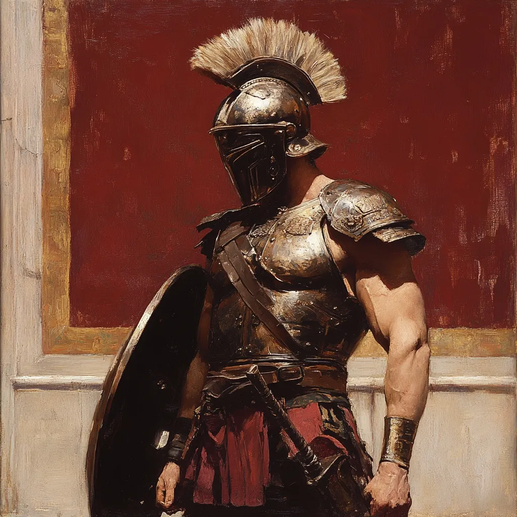 The painting depicts a muscular Roman gladiator, standing against a backdrop of a rich, dark red wall framed in gold. He is clad in meticulously detailed, bronze-toned armor, including a plumed helmet obscuring his face, a segmented breastplate, and a segmented armguard. He carries a large, round shield and a sword is partially visible at his hip. His pose is one of quiet strength and readiness. The lighting emphasizes the texture of the armor and the form of his physique.  The overall style blends realism with a touch of dramatic classicism.
