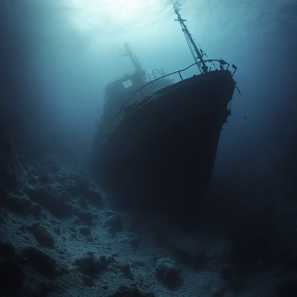 Here's a description of the image:

The photograph captures a haunting underwater scene. A large, silhouetted shipwreck dominates the foreground, its decaying form partially obscured by the murky depths.  Sunlight penetrates the water from above, creating a hazy beam that illuminates the upper portion of the wreck and contrasts sharply with the dark, shadowy lower half. The seabed, a textured expanse of rocks and sediment, slopes gently down from the viewer's perspective towards the submerged vessel. The overall mood is somber and mysterious, evoking a sense of age and forgotten tragedy.