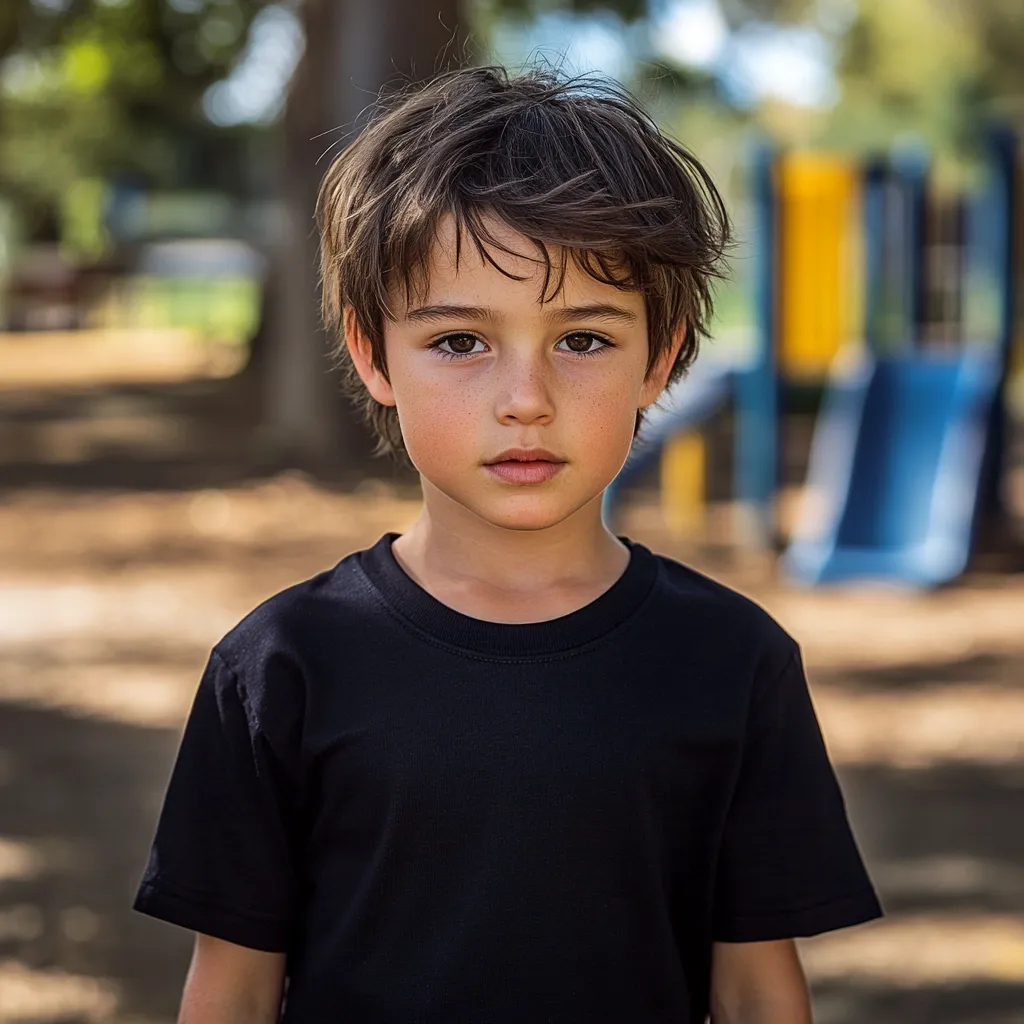 Here is a description of the image:

Close-up view of a young boy with short, dark brown hair. He has fair skin with freckles and expressive brown eyes.  He's wearing a plain black t-shirt.  The boy is standing outdoors, with a blurred background suggesting a playground with colorful equipment, indicating a park-like setting. The overall lighting suggests it's daytime. The boy's expression is serious and direct, engaging the viewer with his gaze.  The image has a natural and candid feel.