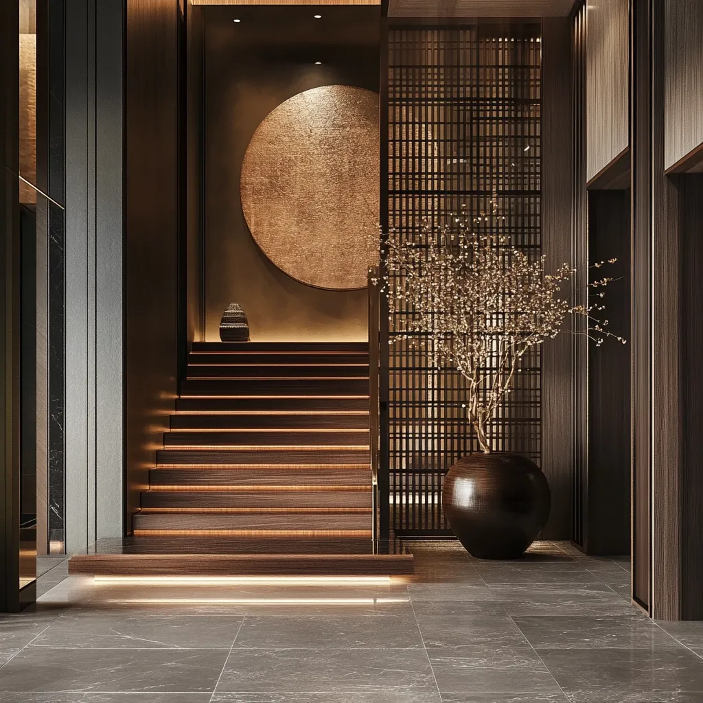 The image showcases a luxurious, minimalist interior, possibly a hotel lobby or upscale residence.  A sleek, wooden staircase with subtle LED lighting is the focal point, centered against a dark brown and gray color palette.  A large, circular metallic artwork hangs above the stairs, complemented by a decorative branch in a dark vase next to a slatted screen. The overall aesthetic is serene and modern with subtle Asian design influences.  The polished flooring enhances the space's sophisticated ambiance.